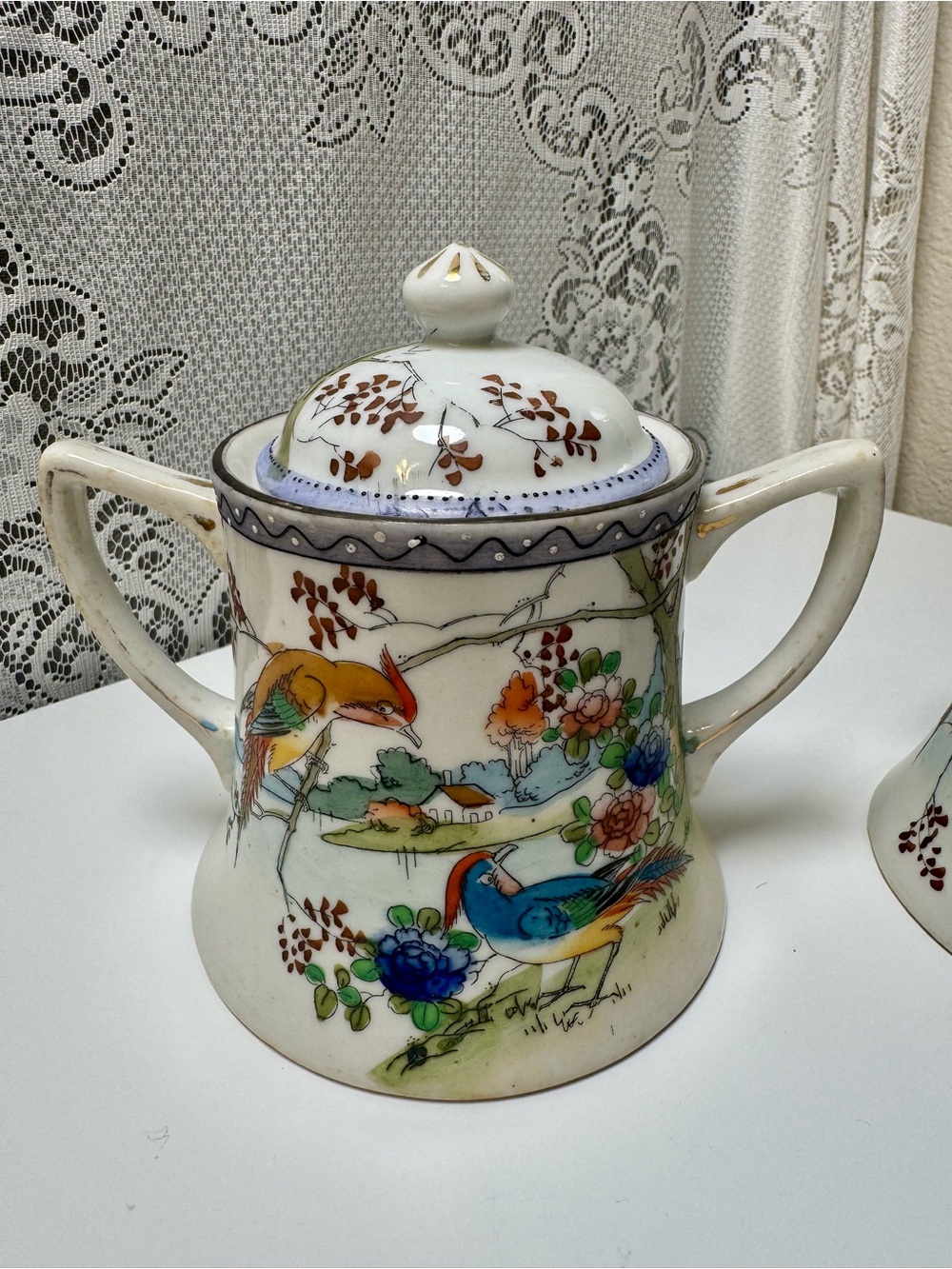 Vintage Japanese Lusterware Sugar Bowl & Creamer Set,Hand Painted Pheasant Torii - Picture 2 of 6